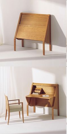 three different views of a desk and chair with one open drawer, the other closed