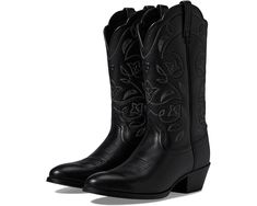 Women's Ariat Heritage Western R-toe Black Boots With Reinforced Heel, Western Waterproof Boots With Reinforced Heel For Fall, Western Riding Boots For Fall, Western Black Waterproof Boots For Outdoor, Black Western Waterproof Boots For Outdoor, Western Style Black Waterproof Boots For Outdoor, Fitted Western Style Work Boots For Fall, Western Style Black Waterproof Boots, Classic Work Boots For Rodeo In Fall