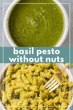 basil pesto without nuts in a white bowl with a fork next to it and the title overlay reads basil pesto without nuts