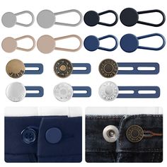 several different types of buttons and clips in various shapes, sizes and colors are shown