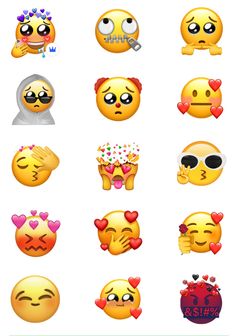 the emoticons are all different colors and shapes, but they have hearts on them