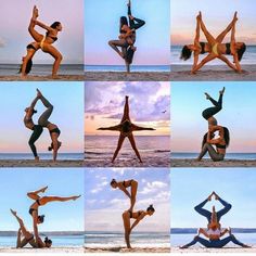 a woman doing yoga poses on the beach