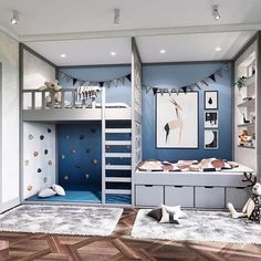 a child's bedroom with bunk beds, rugs and decorations on the floor