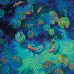 an abstract painting of water lilies and lily pads in blue, green and yellow colors