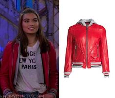 a woman wearing a red leather jacket and white t - shirt is shown in this image