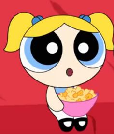 a cartoon character holding a bowl of popcorn