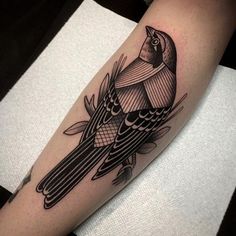 a black and white bird tattoo on the right arm, with an arrow in the middle