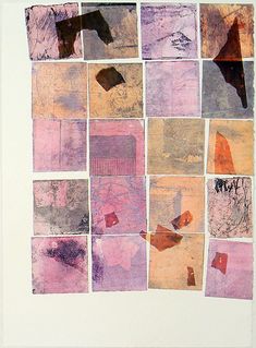 a collage of different colors and shapes on white paper with brown, pink, purple, and orange squares