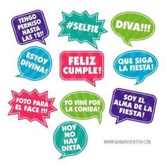 colorful speech bubbles with spanish words and phrases in different colors, set of 12 stickers