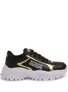 black/white/gold-tone calf leather front lace-up fastening branded heel counter logo print to the side round toe chunky rubber sole Tone Calves, Versace Sneakers, Luxury Sneakers, Black White Gold, Versace Jeans Couture, Versace Jeans, Black Sneaker, Sneakers Black, Logo Print