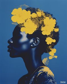 a woman with yellow flowers in her hair, against a blue background that has the words india written on it