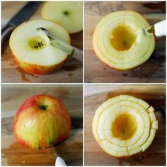 four pictures show how to cut an apple in half and then slice it into smaller pieces