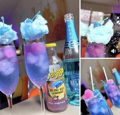 three different shots of drinks with blue and purple liquid in them, one has ice cream on top