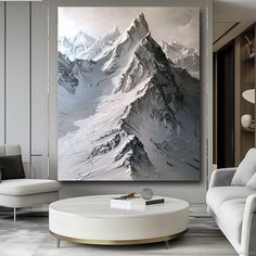 a living room with white furniture and a large painting on the wall above it's coffee table