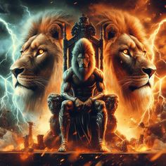 two lions sitting next to each other on top of a chair in front of a lightning filled sky