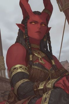 a woman with horns and braids standing in front of a tall building wearing red