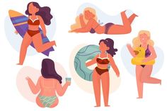 women in swimsuits and bathing suits on the beach with surfboards, sunbathers and drinks