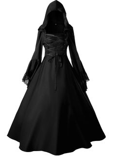 PRICES MAY VARY. This witch dress is made of soft comfortable Cotton Blend;Package include: 1*Witch costume, No petticoat; Black Witch dress, hooded witch costume, floor length, lace-up on front, long trumpet sleeve with rich lace, a belt on the back wasit,the full skirt can accommodate a hoop underneath as shown. The hooded witch dress is perfect for a masquerade ball, dress up parties,Halloween cosplay party, gothic party, steampunk events, Victorian events and any costume party; We offered fr Medieval Ball Gown, Black Witch Dress, Victorian Witch, Dress Medieval, Stile Harry Potter, Witch Vampire, Vampire Dress, Witch Dress, Gothic Victorian