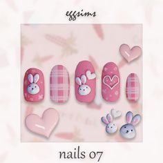 the nails are pink and white with bunny ears on them, while hearts appear to be in the background