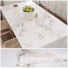 two pictures of a white counter top with fruit on it