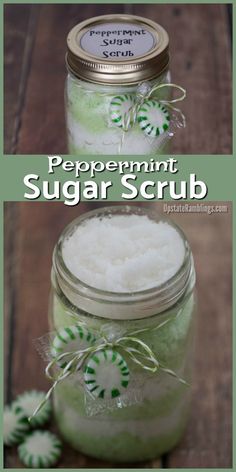 peppermint sugar scrub in a mason jar with green and white candy canes