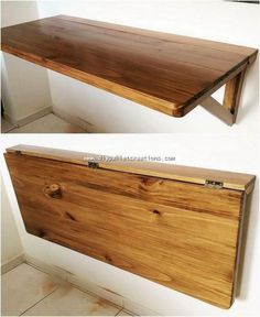 two pictures of a wooden shelf with metal handles on the top and bottom, side by side