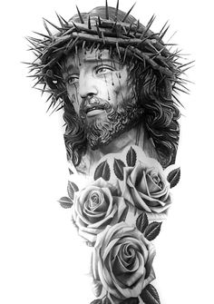 a black and white drawing of jesus with roses on his chest, wearing a crown of thorns