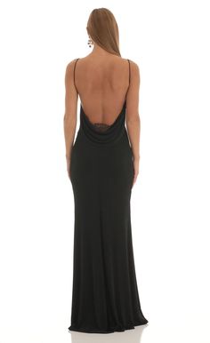 Prom Dress Open Back Long, Open Back Black Dress Long, Scoop Back Prom Dress, Black Backless Prom Dresses, Black Backless Silk Dress, Long Black Fitted Dress Outfit, Flowy Open Back Dress, Back Less Prom Dress, Black Long Wedding Guest Dress