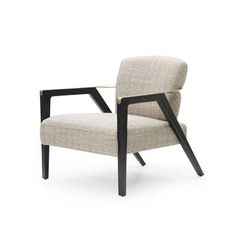 an upholstered chair with black legs and a beige fabric seat, viewed from the front