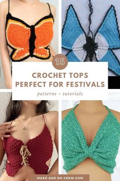 crochet top patterns for festivals with text overlay that reads 15 crochet tops perfect for festivals