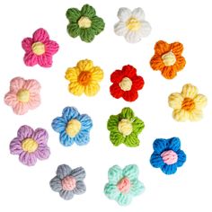 small crochet flower hair clips in assorted colors and sizes, on a white background