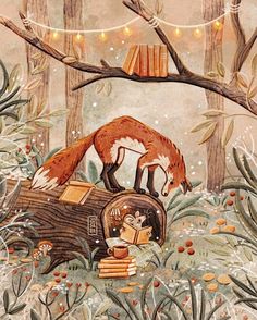 a painting of a fox in the woods with books on it's chest and lights strung above