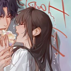 two anime characters are kissing and one is holding a donut while the other looks at it