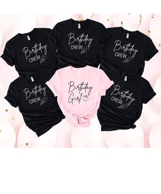 "This lovely birthday group T Shirt is perfect to make a birthday girl feel special. Have fun celebrating a friend, mum, sister or an aunt.  The black will always say \"Birthday Crew\" The white and pink will always say \"Birthday Girl\" This classic unisex jersey short sleeve tee fits like a well-loved favorite. Soft cotton and quality print make users fall in love with it over and over again. The shoulders have taping for better fit over time. Dual side seams hold the garment's shape for longer.  100% Airlume combed and ringspun cotton (fiber content may vary for different colors) Light fabric (4.2 oz/yd² (142 g/m Retail fit Tear away label Runs true to size Care Instructions: Wash Inside out with delicate cycle and lay flat to dry. Wash with like colors. Only non-chlorine bleach. Tumble Black T-shirt With Letter Print For Party, Black T-shirt With Name Print For Birthday Gift, Black Short Sleeve Top For First Birthday, Black Tops With Graphic Print For Birthday Gift, Black Letter Print T-shirt For Birthday Gift, Black Letter Print T-shirt For Birthday, Black T-shirt With Name Print For Birthday, Birthday Group Shirts, Matching Birthday Shirts