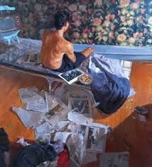 a painting of a man sitting at a table covered in papers and other things on the floor