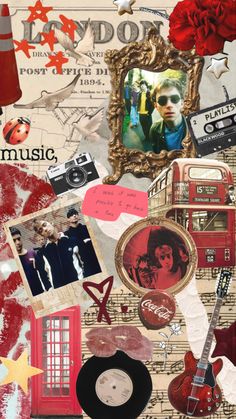 an altered collage with various items including a red telephone booth, guitar, and other things