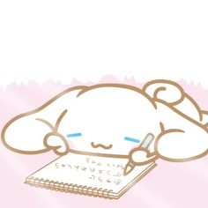 a cartoon character laying on top of a notebook with a pen in its hand and writing