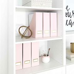 the shelves have pink binders on them and gold file folders next to each other