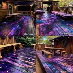 this is an image of a wooden deck with purple and blue galaxy paint on it