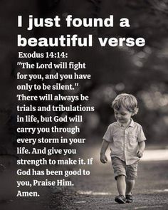 a little boy walking down a road with a bible verse