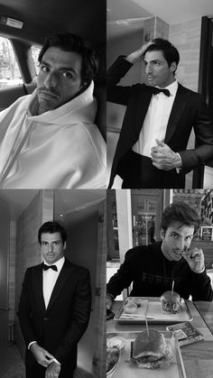 black and white photos of men in tuxedos at a table with food on it