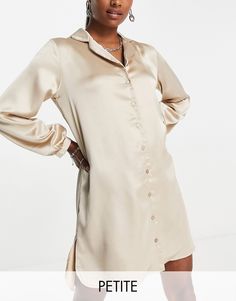 Petite by Flounce London Petite All other dresses can go home Revere collar Button-through front Long sleeves Regular fit Satin Shirt Dress, Save Outfits, Petite Dress, Revere Collar, Plus Size Designers, Satin Shirt, Mink Pink, Mini Shirt Dress, Petite Maternity