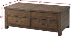 a wooden chest with two drawers and measurements for the top drawer, side by side