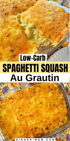 low carb spaghetti squash casserole in a glass dish with text overlay