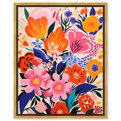 a colorful painting with flowers on it in a wooden frame, against a white background