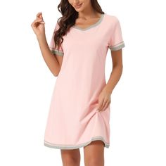 These nightshirt feature a v neck and above knee length, with Contrast Color design, adding stylish. Practical nightshirt for everyday wear in spring, summer, or fall. With a casual v neck, T-shirt style, and good clothes cutting, this soft sleepshirt is everything you need for cozy day-to-night wear. This pull-on sleep dress is also a good choice for short-term going out, walking around, or shopping. Solid nightshirt dress is suitable for sleeping, pajama party, girls' day, indoors, living room Chemise Dress, Cotton Nightgown, Sleepwear Dress, Pajama Dress, Women's Nightgowns, Nightgowns For Women, Nightgowns, Night Shirt, Sleepwear Women