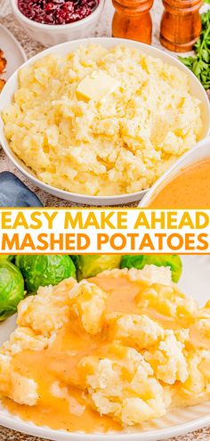 mashed potatoes with gravy and vegetables on the side, in bowls next to them