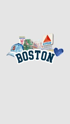 the boston sticker is shown in blue and white, with an image of buildings on it