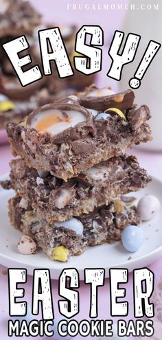 an easy easter cookie bar recipe with eggs and chocolate in the middle on a white plate