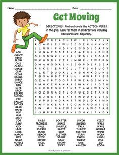 the get moving word search is shown in this green and white printable worksheet